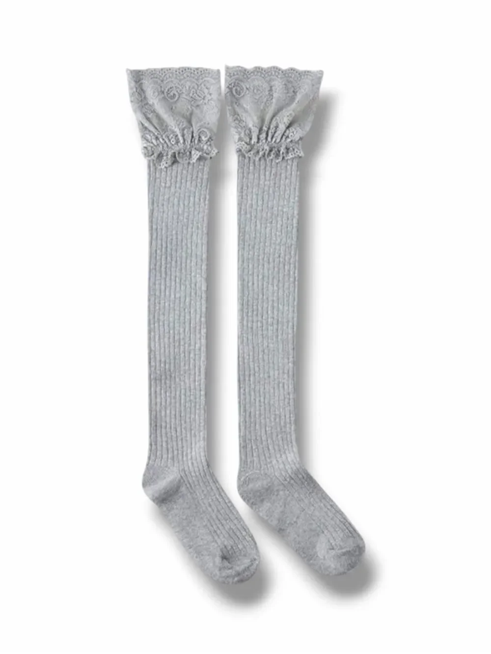 Gray Rib Knit Cotton Lace Top Over Knee Socks